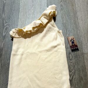 Sofia Jeans One Shoulder Ruffle Tank - Ribbed Fabric - Tan/Cream